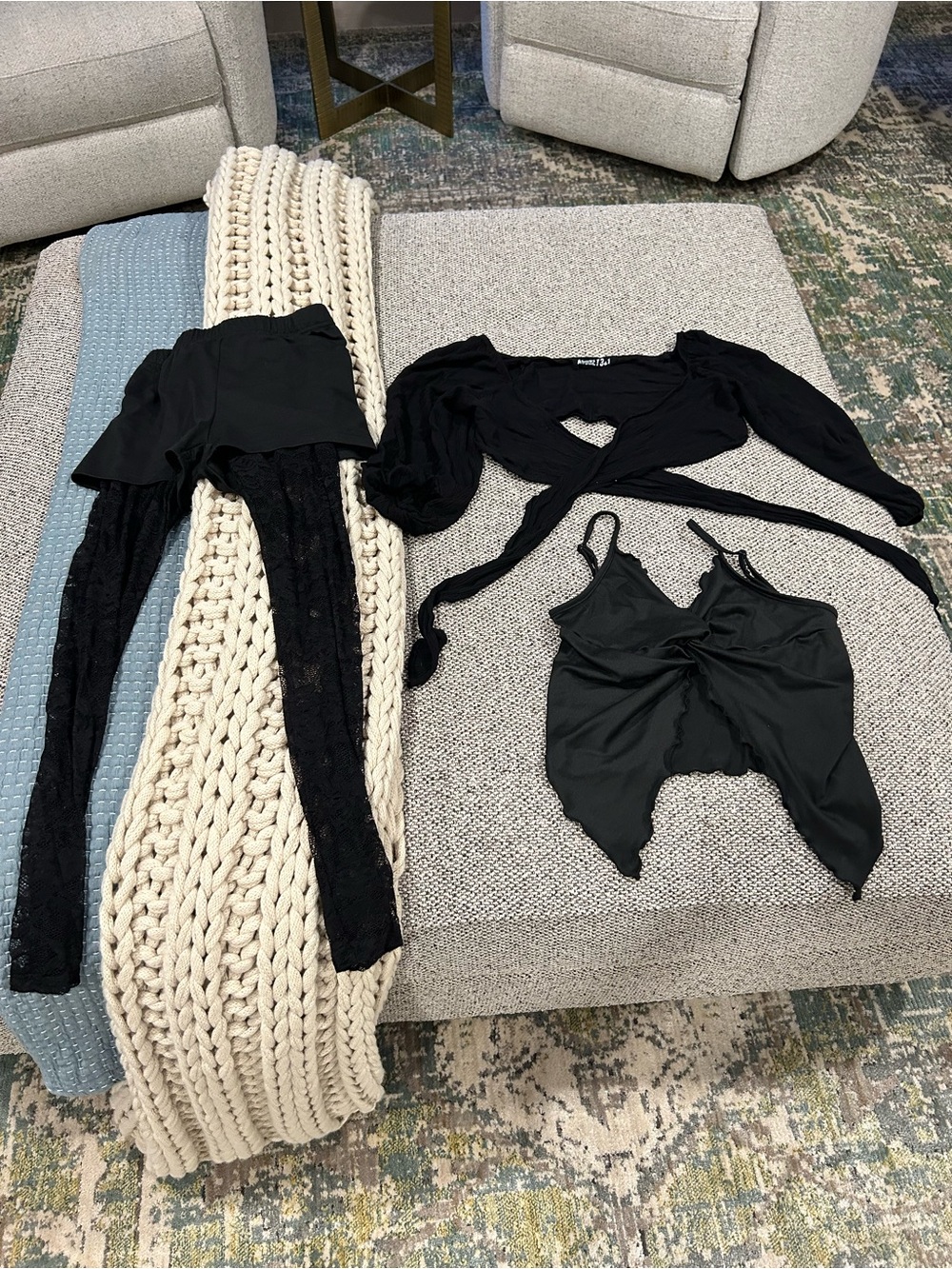 SHEIN Black Twist-Detail Cami with Matching Wrap and Lace Sleeves Set